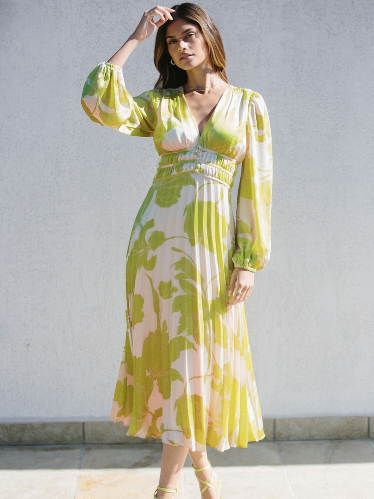 Lipsy Lime Floral Long Sleeve Pleated V Neck Channel Waist Midi Dress - Image 4 of 4 Lipsy Lime Floral Long Sleeve Pleated V Neck Channel Waist Midi Dress - Image 4 of 4