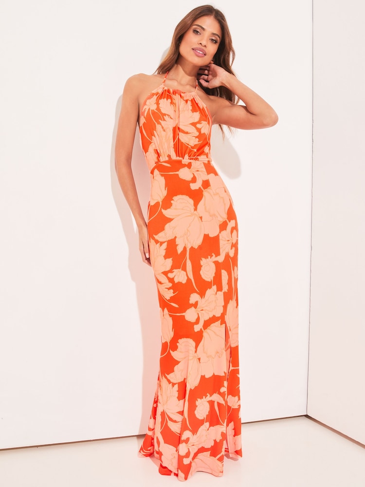 Lipsy Orange / Red Floral Jersey Underbust Halter Maxi Dress - Image 1 of 4 Lipsy Orange / Red Floral Jersey Underbust Halter Maxi Dress - Image 1 of 4