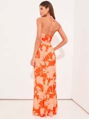 Lipsy Orange / Red Floral Jersey Underbust Halter Maxi Dress - Image 2 of 4