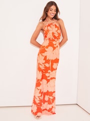 Lipsy Orange / Red Floral Jersey Underbust Halter Maxi Dress - Image 3 of 4