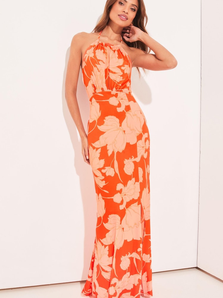 Lipsy Orange / Red Floral Petite Jersey Underbust Halter Maxi Dress - Image 1 of 4 Lipsy Orange / Red Floral Petite Jersey Underbust Halter Maxi Dress - Image 1 of 4