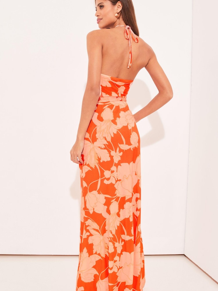 Lipsy Orange / Red Floral Petite Jersey Underbust Halter Maxi Dress - Image 2 of 4 Lipsy Orange / Red Floral Petite Jersey Underbust Halter Maxi Dress - Image 2 of 4