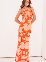 Lipsy Orange / Red Floral Petite Jersey Underbust Halter Maxi Dress - Image 3 of 4