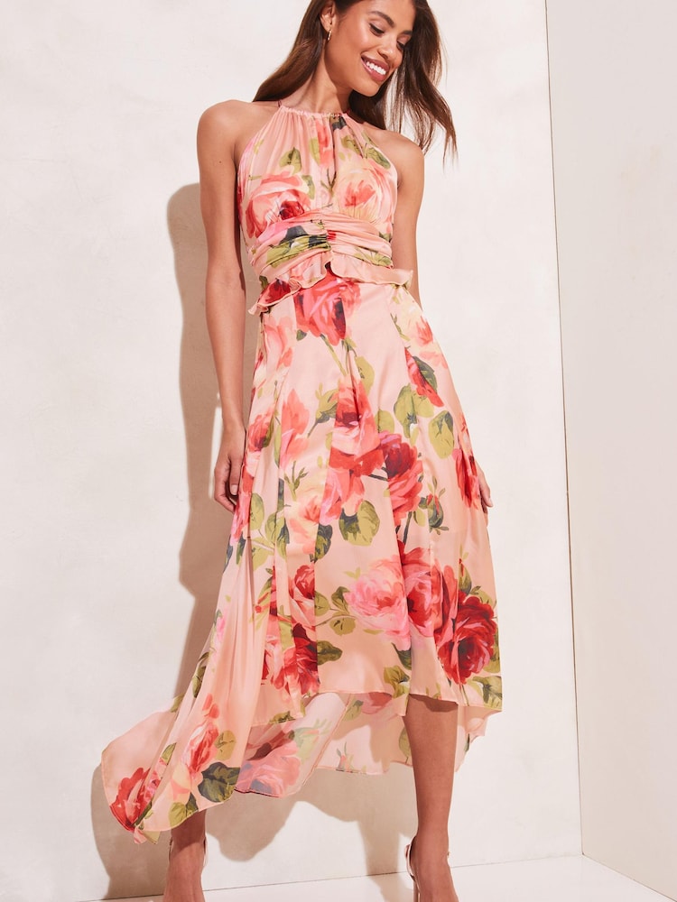 Lipsy Blush Floral Petite Halterneck Frill Ruffled Bodice Midi Dress - Image 2 of 4