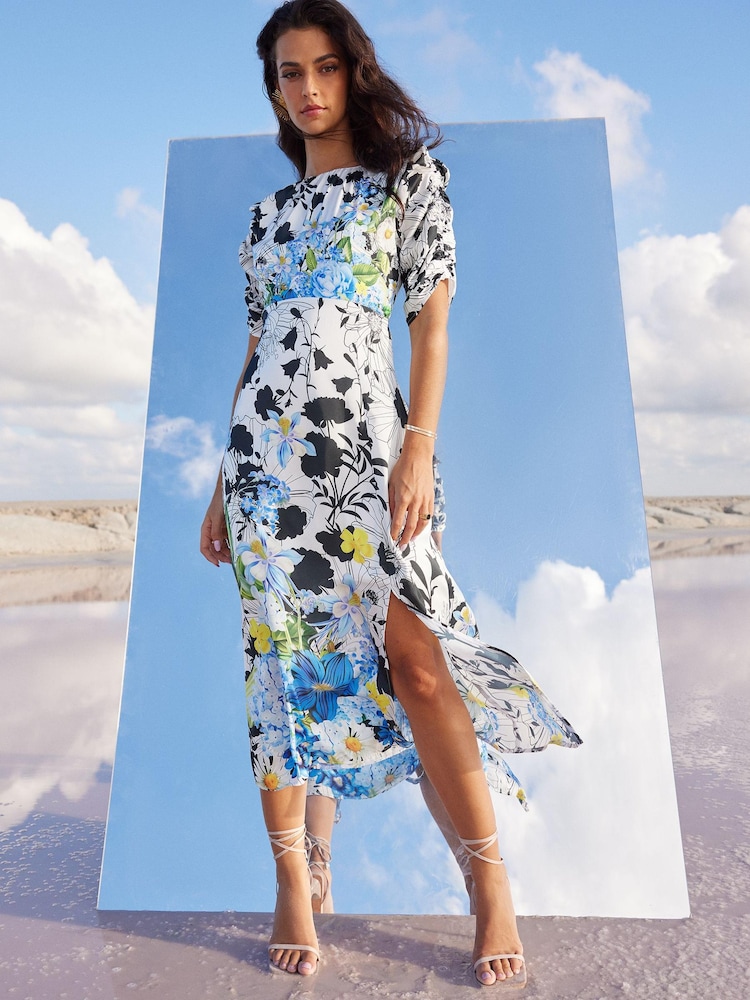 Mary Katranzou x Lipsy Blue Floral Ruched Sleeve Split Midi Dress - Image 4 of 4
