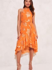 Lipsy Orange Metallic Tiered Halter Belted Midi Dress - Image 1 of 4