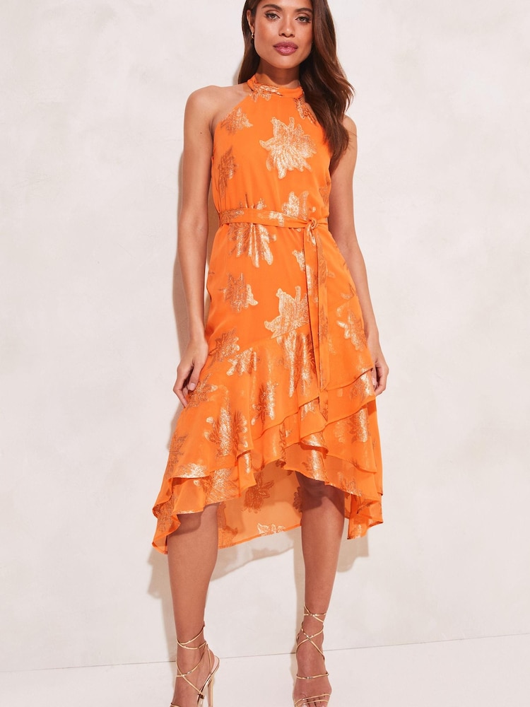 Lipsy Orange Metallic Tiered Halter Belted Midi Dress - Image 1 of 4