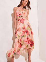 Lipsy Blush Floral Halterneck Frill Ruffled Bodice Midi Dress - Image 1 of 4