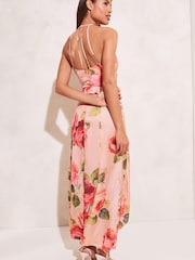 Lipsy Blush Floral Halterneck Frill Ruffled Bodice Midi Dress - Image 2 of 4