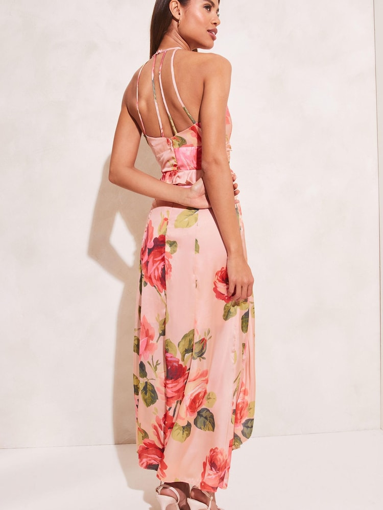 Lipsy Blush Floral Halterneck Frill Ruffled Bodice Midi Dress - Image 2 of 4