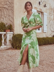 Lipsy Green Print Short Puff Sleeve V Neck Twist Front Midi Dress - Image 1 of 4