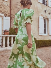 Lipsy Green Print Short Puff Sleeve V Neck Twist Front Midi Dress - Image 2 of 4