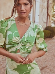 Lipsy Green Print Short Puff Sleeve V Neck Twist Front Midi Dress - Image 4 of 4