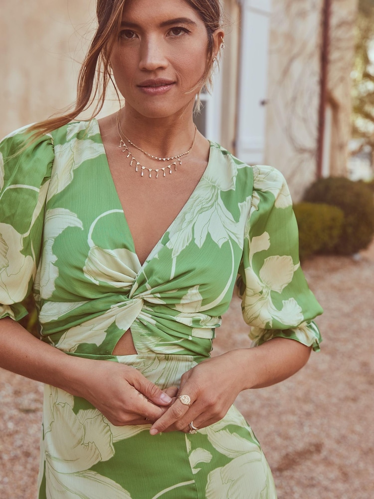 Lipsy Green Print Short Puff Sleeve V Neck Twist Front Midi Dress - Image 4 of 4