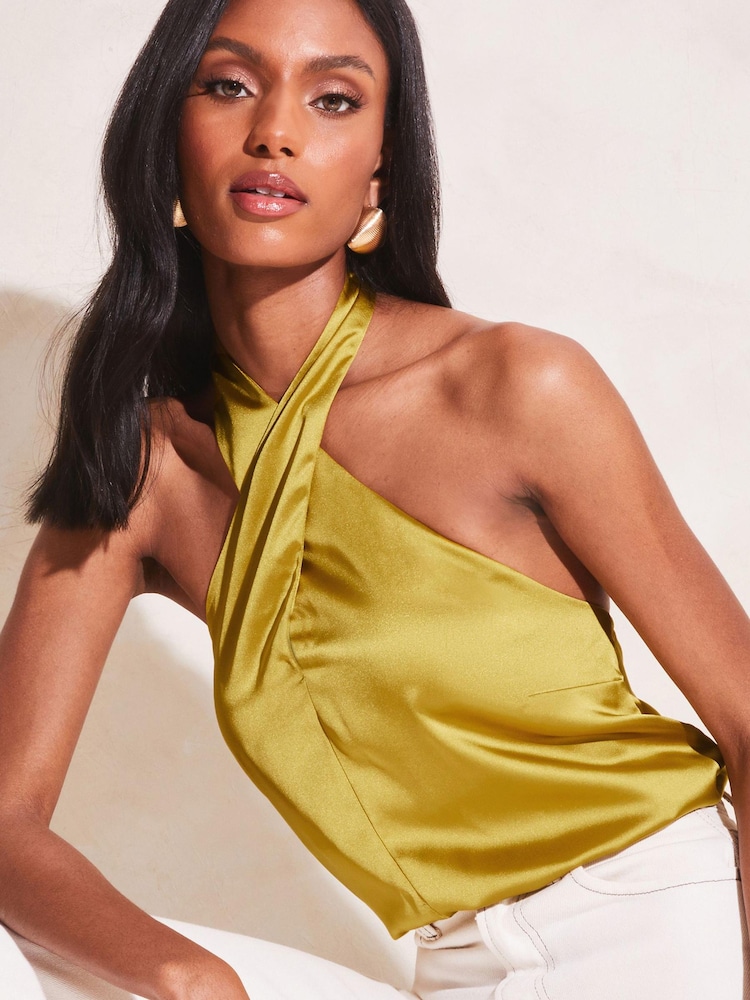Lipsy Yellow Wrap Cross Neck Halter Top - Image 1 of 4