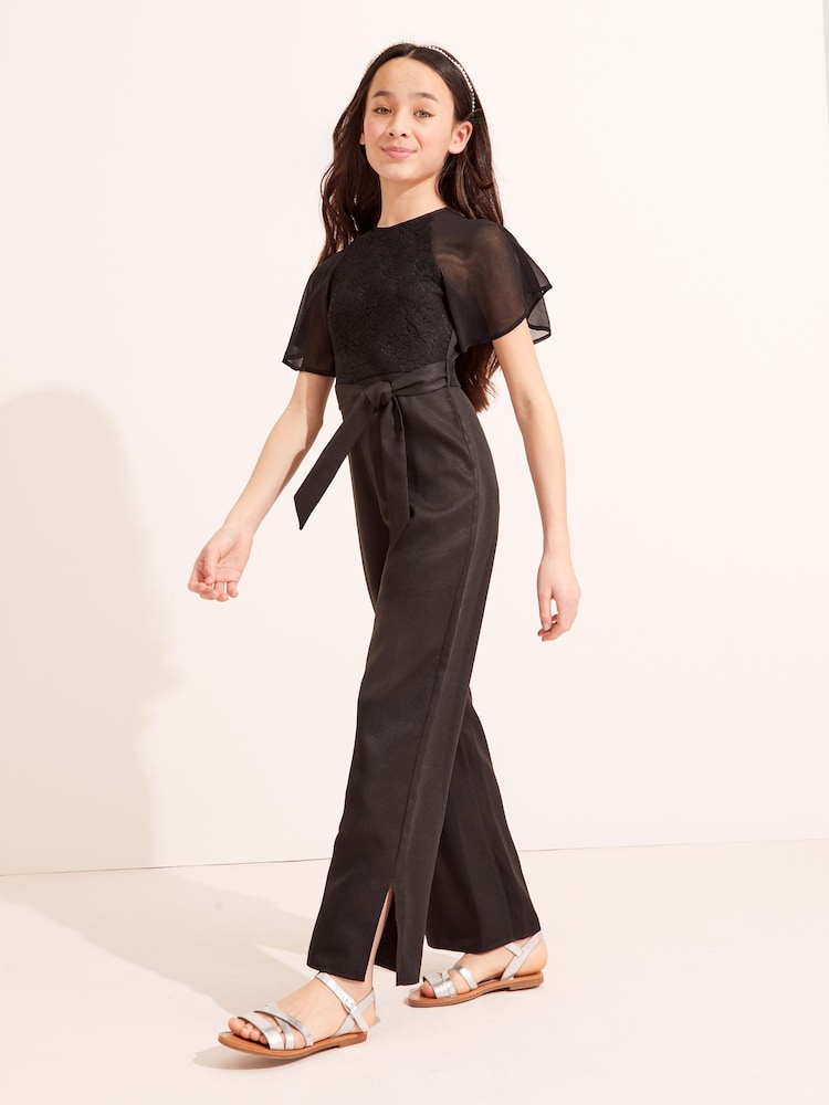 Lipsy Black Lace Front Tie Short Flutter Sleeve Jumpsuit - Image 2 of 4