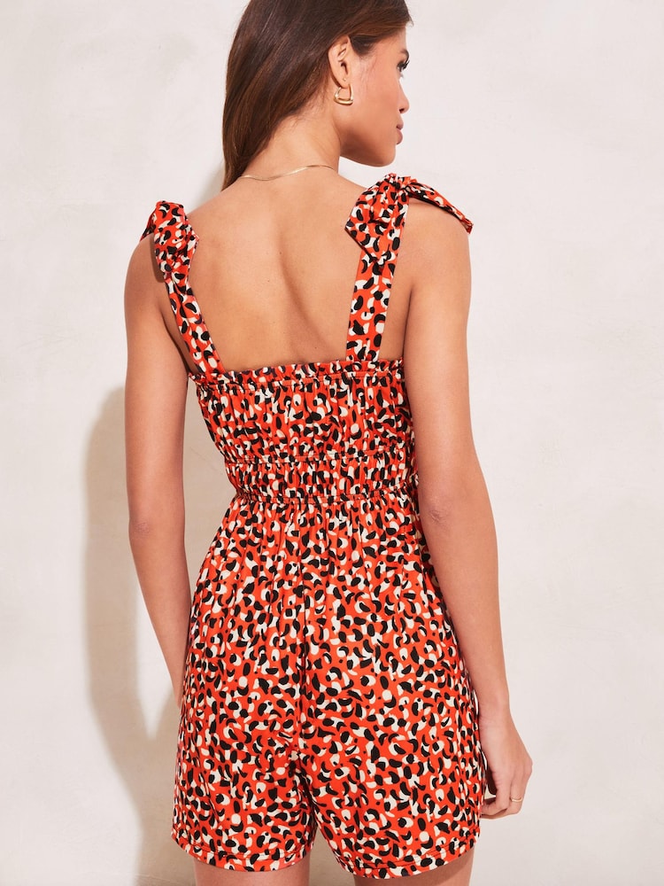 Lipsy Rust Print Bow Strap Ruched Waist Playsuit - Image 2 of 4