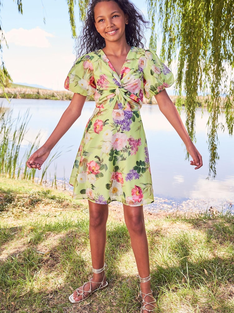 Lipsy Lime Twist Front Puff Sleeve Occasion Dress (3yrs-16yrs) - Image 2 of 4
