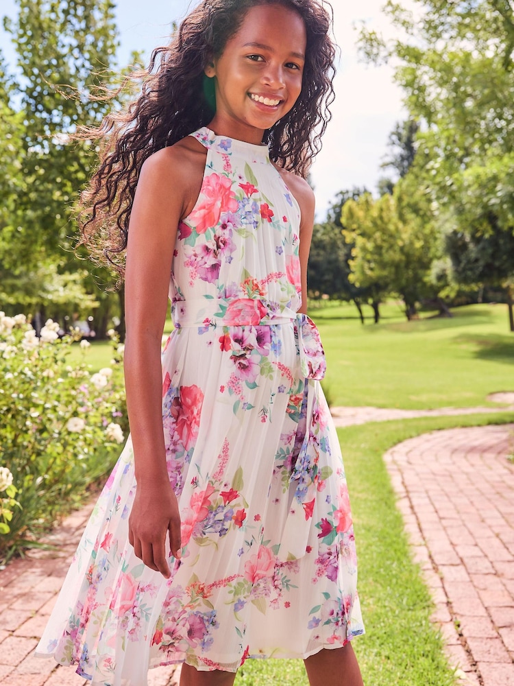Lipsy White Pleated Halter Belted Dress - Image 1 of 4