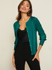 Lipsy Forest Green1 Scallop Detail Crew Neck Button Through Cardigan - Image 1 of 4
