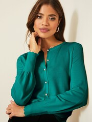 Lipsy Forest Green1 Scallop Detail Crew Neck Button Through Cardigan - Image 4 of 4