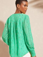 Love & Roses Green Metallic Sheer V Neck Long Sleeve Over The Head Blouse - Image 3 of 4