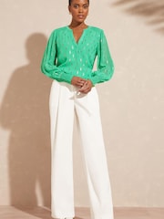 Love & Roses Green Metallic Sheer V Neck Long Sleeve Over The Head Blouse - Image 4 of 4