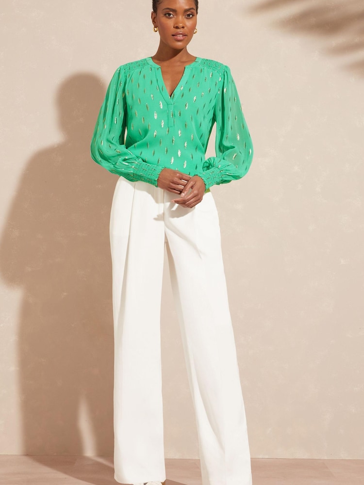 Love & Roses Green Metallic Sheer V Neck Long Sleeve Over The Head Blouse - Image 4 of 4