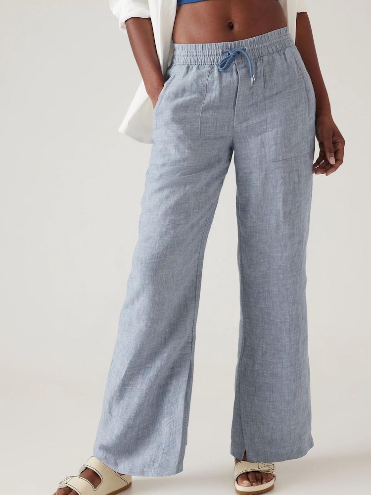 Athleta Blue Mid Rise Wide Leg Linen Trousers - Image 1 of 6 Athleta Blue Mid Rise Wide Leg Linen Trousers - Image 1 of 6