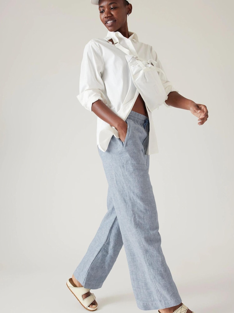 Athleta Blue Mid Rise Wide Leg Linen Trousers - Image 2 of 6 Athleta Blue Mid Rise Wide Leg Linen Trousers - Image 2 of 6