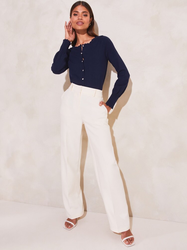 Lipsy Navy Blue Scallop Detail Crew Neck Button Through Knitted Cardigan - Image 3 of 4
