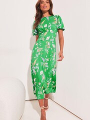 Lipsy Green Floral Petite Jersey PUff Short Sleeve Underbust Summer Midi Dress - Image 1 of 4