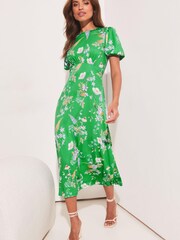 Lipsy Green Floral Petite Jersey PUff Short Sleeve Underbust Summer Midi Dress - Image 3 of 4