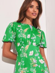 Lipsy Green Floral Petite Jersey PUff Short Sleeve Underbust Summer Midi Dress - Image 4 of 4