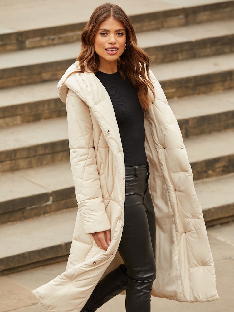 Lipsy Cream Hooded Belted Longline Padded Coat - Image 3 of 4