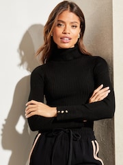 Lipsy Black Knitted Roll Neck Ribbed Button Detail Long Sleeve Jumper - Image 1 of 4