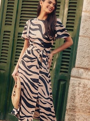 Friends Like These Camel Flutter Sleeve Satin Split Belted Midi Summer Dress - Image 3 of 4