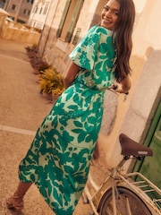 Friends Like These Green Flutter Sleeve Satin Split Belted Midi Summer Dress - Image 2 of 4