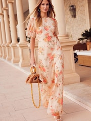 Friends Like These Pink Floral Petite Chiffon Flutter Sleeve Maxi Dress - Image 3 of 4
