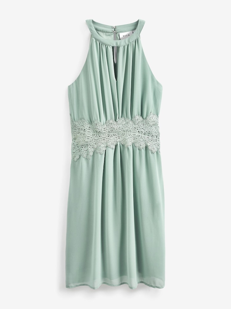 VILA Sage Green Halter Neck Tulle Fit And Flare Dress - Image 5 of 5