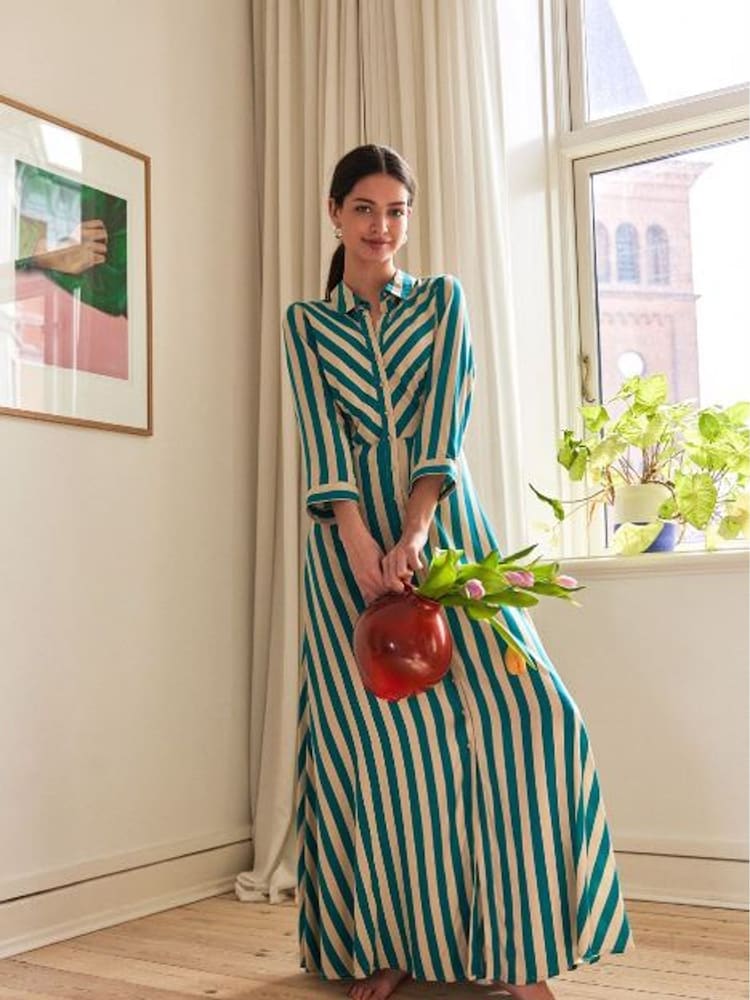 Y.A.S Green & White Stripe Maxi Length Shirt Dress - Image 1 of 5