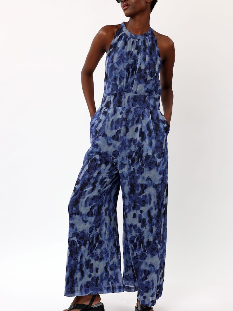 Religion Blue Halterneck Printed Jumpsuit With Wide Leg Trousers - Image 1 of 5 Religion Blue Halterneck Printed Jumpsuit With Wide Leg Trousers - Image 1 of 5