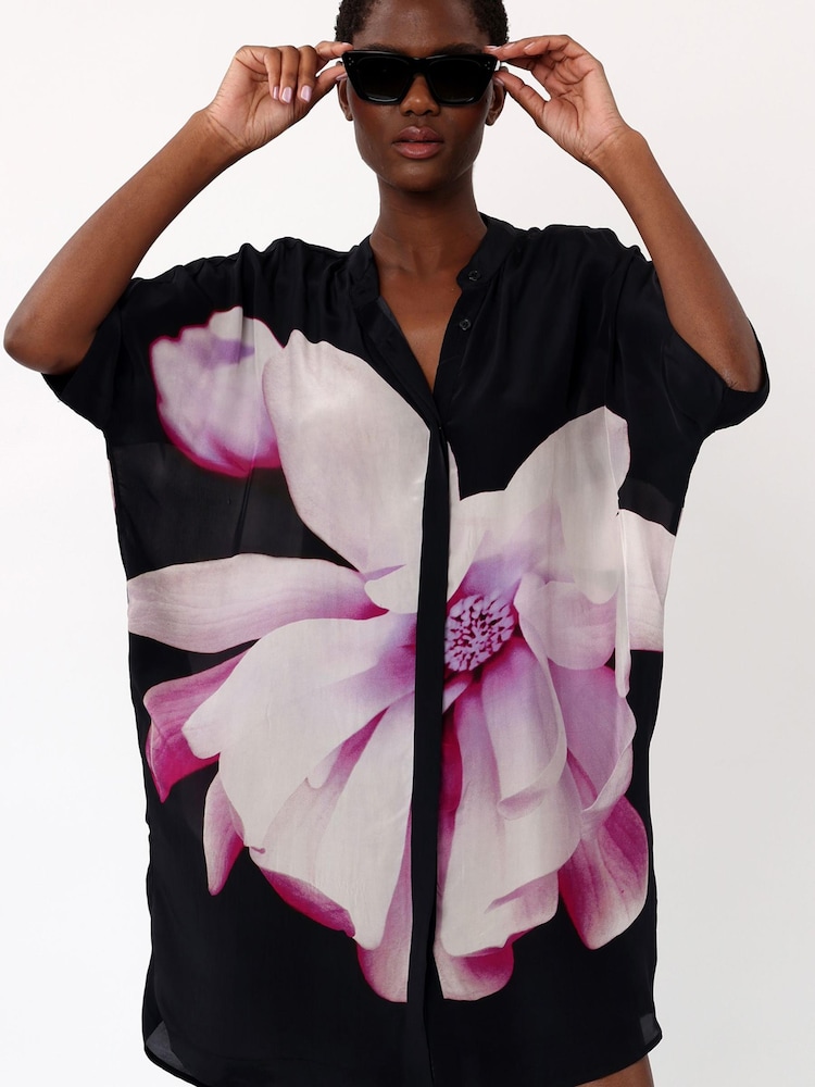 Religion Black & Pink Tunic Shirt Dress In Beautiful Floral Print - Image 1 of 5