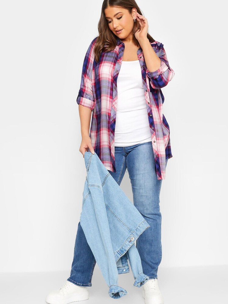 Yours Curve Pink Purple Check Boyfriend Check Shirt - Image 2 of 4