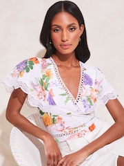 Lipsy White Floral Lace Scallop Detail Wrap Top - Image 1 of 4