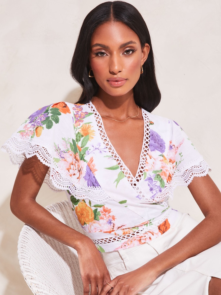 Lipsy White Floral Lace Scallop Detail Wrap Top - Image 1 of 4