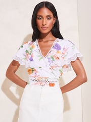 Lipsy White Floral Lace Scallop Detail Wrap Top - Image 4 of 4