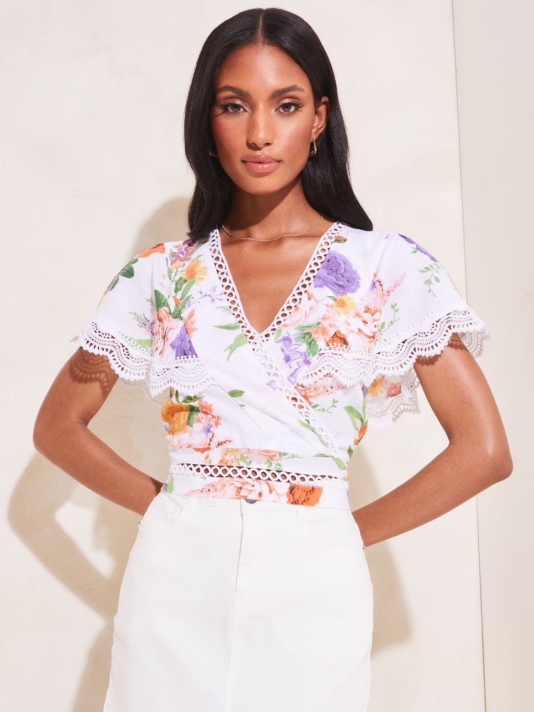 Lipsy White Floral Lace Scallop Detail Wrap Top - Image 4 of 4