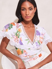 Lipsy White Petite Floral Lace Scallop Detail Wrap Top - Image 1 of 4