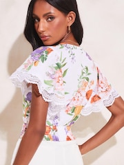 Lipsy White Petite Floral Lace Scallop Detail Wrap Top - Image 2 of 4